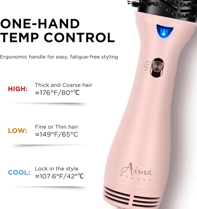 Aima Beauty Blow Dryer Brush - Ionic Ceramic Hot Air Brush for Frizz-Free Straightening & Voluminous Blowout, 2.3‘’/ 60mm Oval Barrel with Nylon Bristles, 360 Surrounded Vent, 3 Heat Settings, Pink