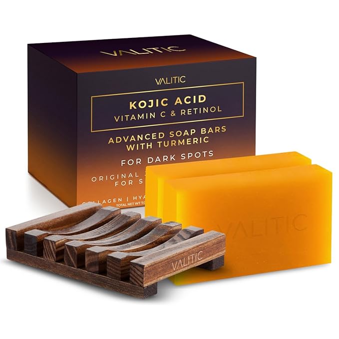 VALITIC Kojic Acid Vitamin C and Retinol Soap Bars with Turmeric for Dark Spot - Original Japanese Complex with Collagen, Hyaluronic Acid, Vitamin E (2-Pack) - with Soap Holder