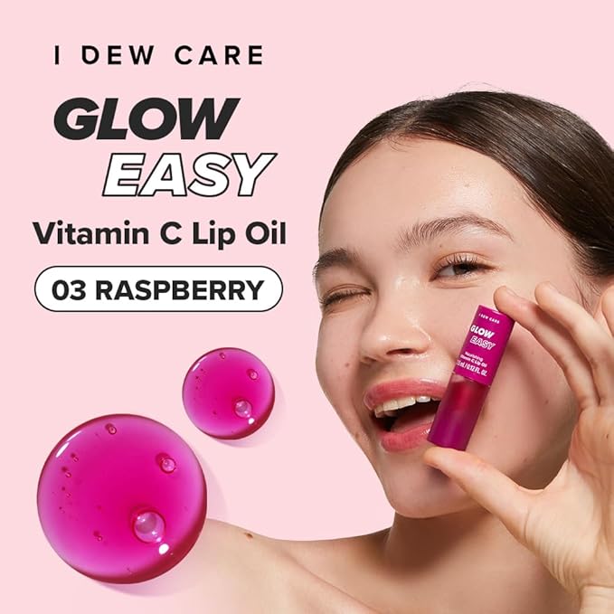 I DEW CARE Lip Gloss - Glow Easy Raspberry | Jojoba Seed Oil, Vitamin C, Pigmented Glossy Stain, Hydrating, Korean Makeup, Pink Color, Moisturizing, Nourishing, 0.12 FL Oz