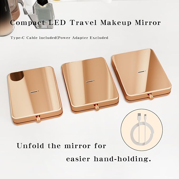 2025 Pocket Mirror With Light, Rose Gold Rechargeable Dimmable 3 Color Lighting 1x/3x Led Compact Travel Makeup Mirror for Purse, Portable, Folding, Handheld, Small Lighted Mirror Gift for Women