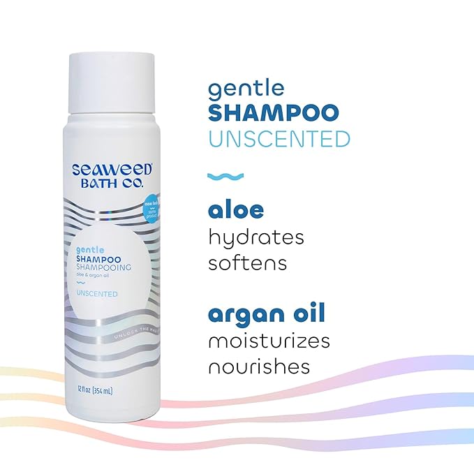 Seaweed Bath Co. Gentle Shampoo, Unscented, 12 Ounce, Sustainably Harvested Seaweed, Aloe, Argan Oil, for Sensitive Scalps and All Hair Types