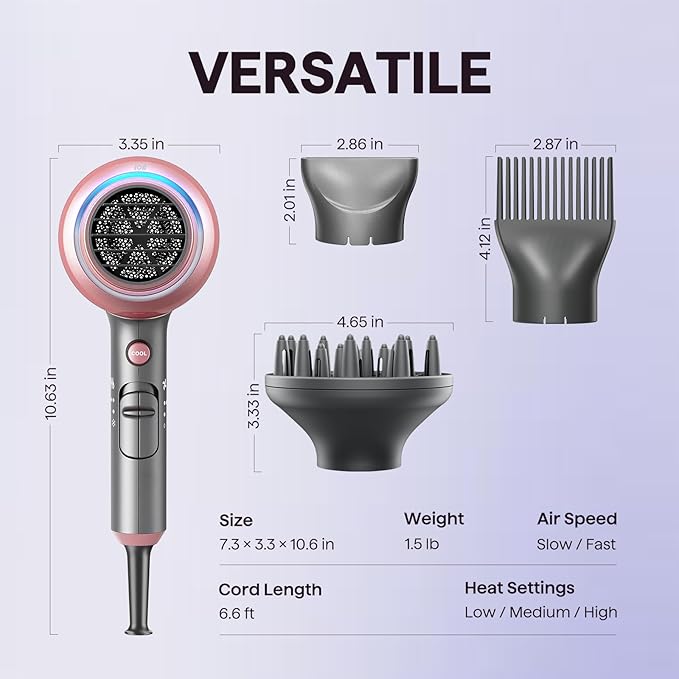 Wavytalk Hair Dryer, Blown Away Ionic Hair Dryer for Curly Hair with Diffuser, 1875W Fast Drying Blow Dryer with Ceramic Technology, 3 Attachments for All Hair Types, Light and Quiet, Rose Gold