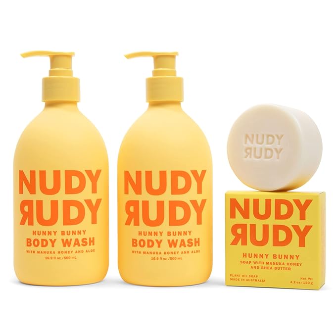 Nudy Rudy Hunny Bunny 2 Pack, Liquid Body Wash Bundle with Bonus Soap Bar, Aloe Vera and Vitamin E, Moisturizing Shower Gel and Body Wash and Bar Soap for Men and Women 16.9 fl oz and 4.2 oz