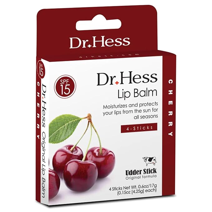 Dr. Hess Original Udder Stick SPF Lip Balm, Soothing Moisturizer Sun Screen Balm for Dry Lips with Jojoba, Beeswax & Shea Butter, Total Lip Care, Hydration & Repair, Cherry Flavor, 4 Pack