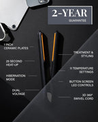 GLAMPALM Hair Straightener 1" Ceramic Flat Iron with Vibrating Plates, Korea's No.1 Professional Salon Tool with 3D Swivel Cord & Dual Voltage, 11 Heat Settings(140°–450°), 25s Fast Heat-Up (GP225)