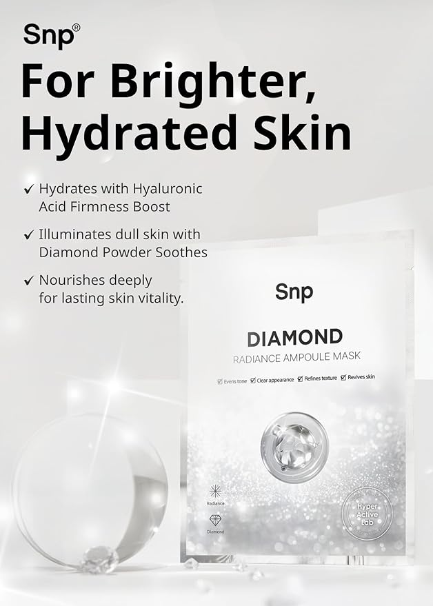 SNP 100% Diamond + 1000mg Hyaluronic Acid Sheet Mask | Tightening, Hydrating, and Nourishing with Real Diamonds for All Oily Skin Types | Korean Face Mask Skincare | Facial Moisturizing | 10 Sheets
