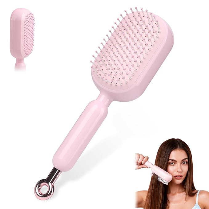 Self Cleaning Hair Brush, Retractable Hair Brush, Massage Comb With Retractable Bristles,Ergonomic Handle Hair Comb,One-pull Clean Anti Static Brushs, Hairs Styling Tools for All Hairs Types (Pink)