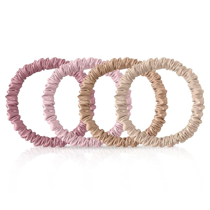 4Pcs 100% Mulberry Silk Scrunchies Hair Care, 22 Momme Mulberry Silk Skinny Hair Ties Elastic, Hair Ties Scrunchies Set Women Curly Thin Hair (Beige,Blonde,Pink,Plum Purple)