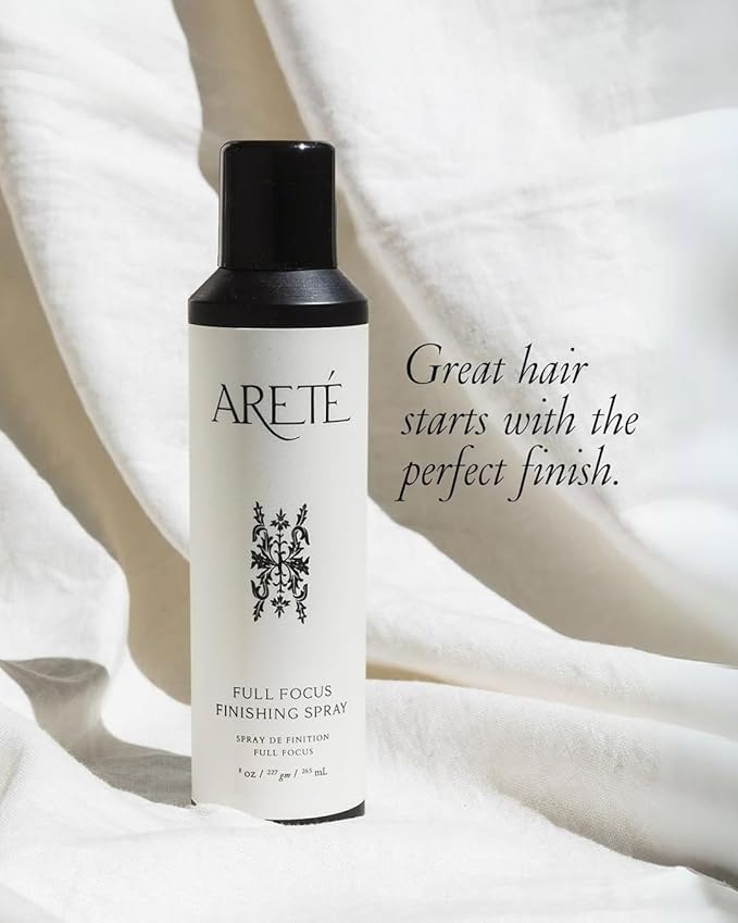 ARETÉ Full Focus Finishing Hair Spray, Strong, Buildable Hold, Shiny Finish, Anti Frizz Hairspray for Women Fine Hair with Edelweiss, Wild Carrot, Star Anise, Peruvian Ginseng, Made in USA, 8oz