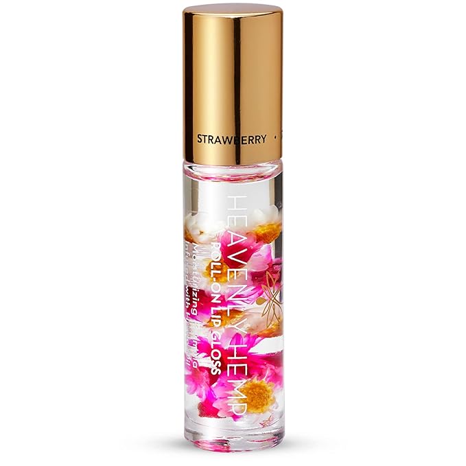 Blossom Roll on Lip Gloss, Scented Clear High Shine Moisturizing Lip Oil, Non Sticky, Infused with Real Flowers, Made in USA, 0.2oz, Strawberry Hemp