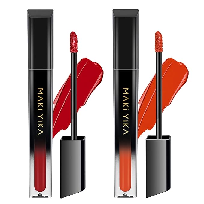 MAKI YIKA 2Pcs Matte Liquid Lipstick Set MVP Red Orange Lipstick Long Lasting Smudgeproof Transfer Proof Lip Makeup, MVPRed/OrangeRed