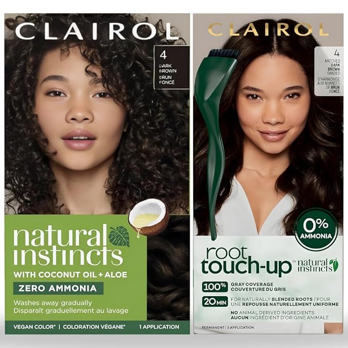 Clairol Natural Instincts 4 Dark Brown, Demi-Permanent Hair Dye & Root Touch-Up Bundle