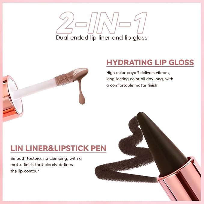 Lip Liner Gloss Lip Combo Set, 2 in 1 Lip Duo Dark Brown Lip Liner Lipstick Matte Velvet Nude Brown Gloss Lip Kit, Smooth Quick Fuller Plumping Lip Makeup for Women01#Matte Brown
