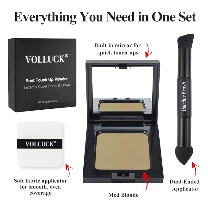 VOLLUCK Root Touch up Powder, Long-lasting Gray Hair Cover up Powder for All Hair Types, Waterproof for Women and Men (Medium-Blonde, 0.42 0unce)