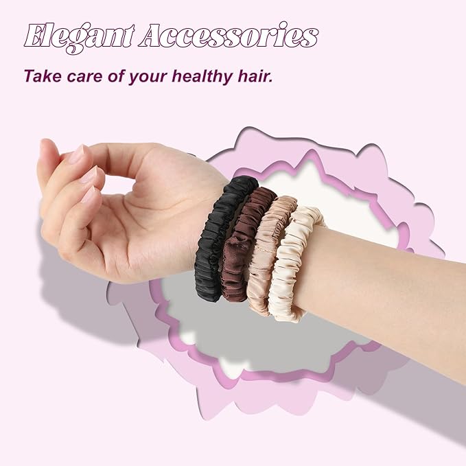 4Pcs Mulberry Silk Scrunchies Set, Silk Hair Ties Elastic for Women, Skinny Scrunchies Reduces Breakage for All Hair Types Srevela