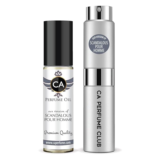 CA Perfume Duo Impression of Scandalous Pour Homme For Men Perfume Layering Set Mens Cologne Long Lasting Travel Size EDP + Body Oil Roll-On Bottle 0.27 Fl Oz+0.33 Fl Oz