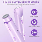 2-in-1 Bikini Trimmer & Shaver for Women, All-in-One Rechargeable Electric Razor for Body & Face, Dual Head Design for Pubic, Underarm, Leg, Chin Hair Removal, IPX7 Waterproof(Purple)