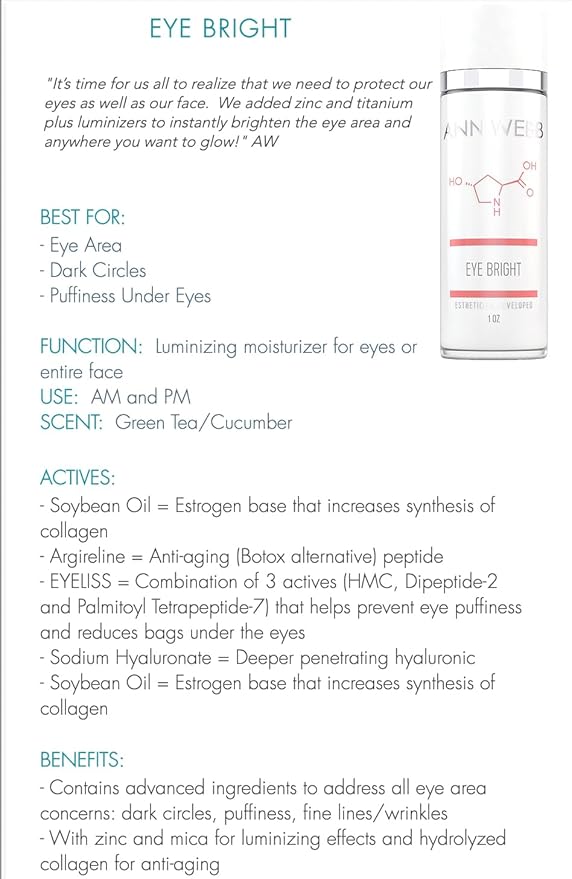 Eye Bright Cream - Anti Aging Eye Cream w/Collagen Peptides & Hyaluronic Acid for Dark Circles, Firms Fine Lines.5oz
