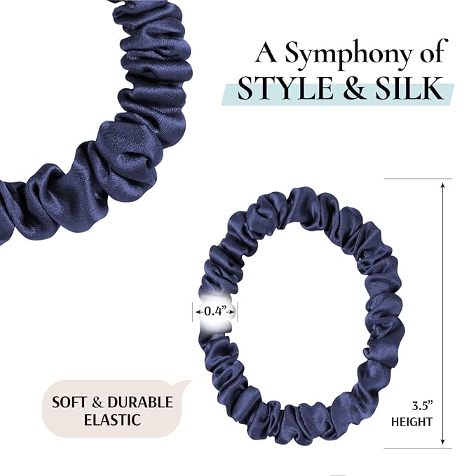 Zenssia Silk Scrunchies for Hair, 4PC Pure Mulberry Silk Hair Ties No Damage, Skinny Elastic Scrunchies for Fine & Thin Hair, Black Navy Royal Blue Silvergrey