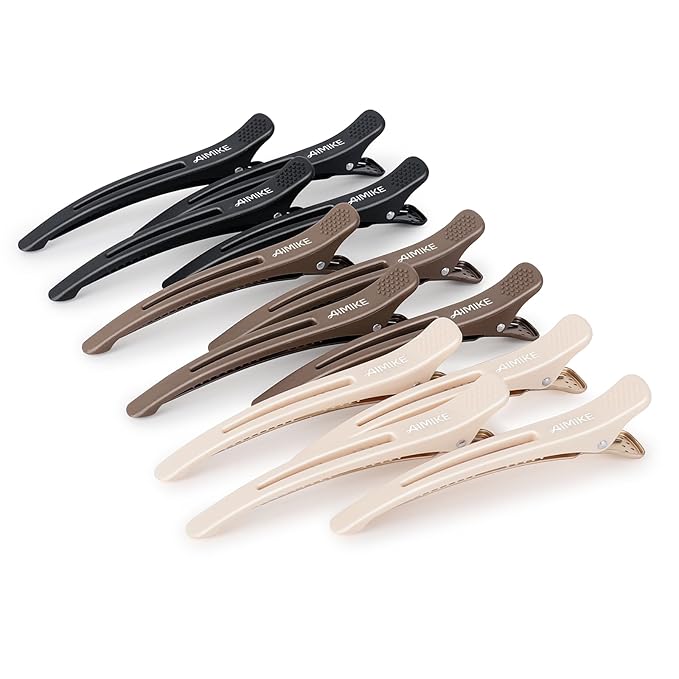 AIMIKE 12pcs Professional Hair Clips for Styling Sectioning, Non Slip Duck Billed Hair Clips with Silicone Band, Salon and Home Hair Cutting Clips for Hairdresser, Women, Men - Brown & Apricot & Black