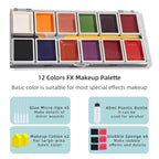 12 Colors Alcohol Activated Makeup Palette Set with Mimic Wound Sponge Makeup Egg for SFX Makeup Halloween Makeup