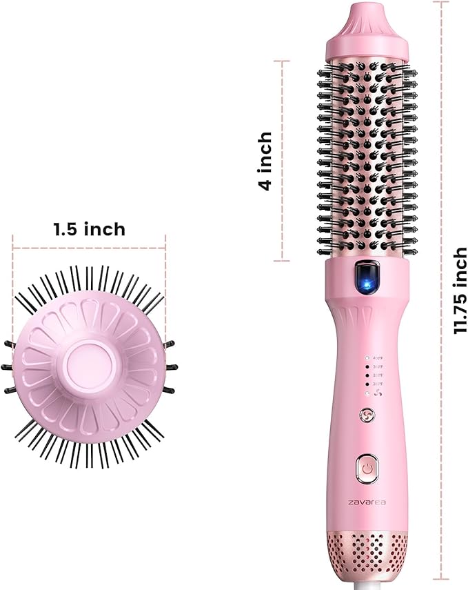 zavarea Thermal Brush, 1.5 Inch Heated Round Brush Stylers, 800M Negative Ions Ceramic for Less Frizz Damage, 4 Temperature Set, Dual Voltage for Travel, Easy Use Boosts Shine, Youthful Pink