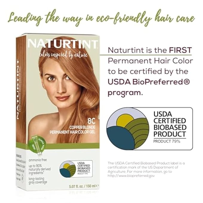 Naturtint 8C Copper Blonde Permanent Hair Color (Pack of 1), Ammonia Free, Vegan, Cruelty Free, up to 100% Gray Coverage, Long Lasting Results (Packaging may vary)