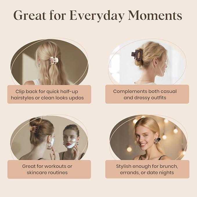 8 Pcs Medium Hair Clips for Women Girls - 2 Styles Rectangle and Double Row Teeth Small Claw Clips for Thin Fine Thick Hair, Matte Non-slip Strong Hold Jaw Clips Hair Accessories, Brown