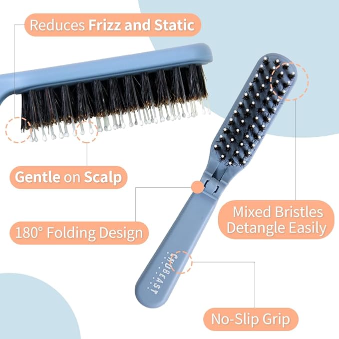 Uffy MiniPop Travel Hair Brush – Mini Folding Boar Bristles for Women, Men & Kids | Kid-Friendly Compact Comb for Wet & Dry Hair, Curly or Straight | Pocket-Size Detangler - Lemonade on Baby Blue
