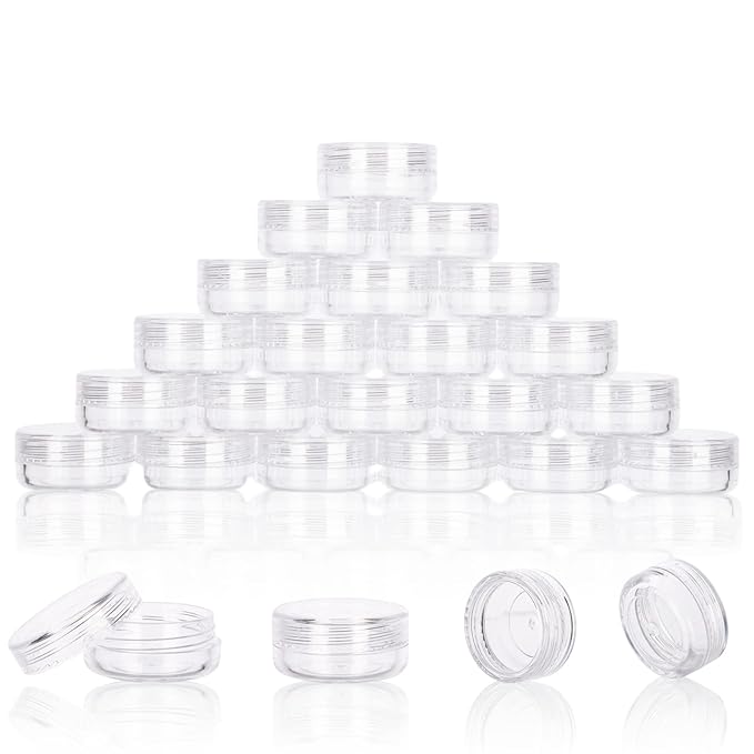 3 Gram Sample Containers With Lids, 25 Count Clear Jars, Empty Lip Balm, Mini Cosmetic Makeup Travel With Labels, Mini Disposable Spatulas
