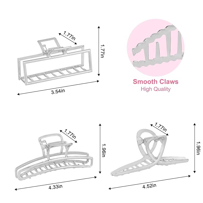 LUKACY 6 Pack Large Metal Hair Claw Clips - 4 Inch, Perfect Big silver claw clips hair clips for Women and Thinner, Thick hair styling,Strong Hold, Fashion Hair Accessories (Style 1 Silver)