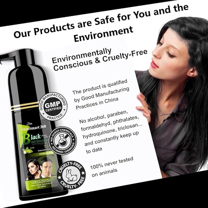 SkinSmart 360® No-Stain Hair Dye Shampoo – Full Gray Coverage for Men & Women, 3-in-1 Color + Cleanse + Condition, Natural Ingredients, Easy No-Mix Formula, 200 mL (Natural Black)