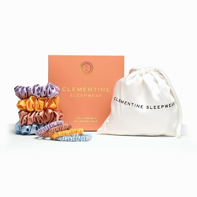 Clementine Sleepwear Organic Silk Scrunchie Set Flower Shop | 4 Skinny and 4 Midi Scrunchies Made with GOTS Certified Silk for Gentle, Frizz-Free Styling