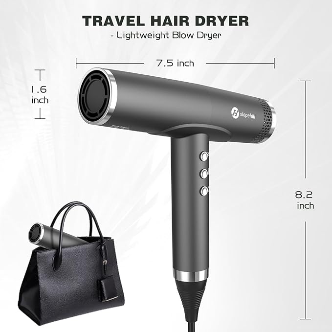 slopehill Professional Ionic Hair Dryer with Diffuser - Lightweight, Compact, Powerful & Fast Salon Blow Dryer with High Speed Brushless Motor for Travel, Women & Men (Ceramic, Dark)