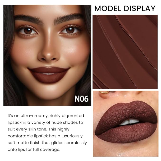 evpct 1Pcs Dark Brown Deep Coffee Lipstick, Silky Velvet Matte Lipstick Pack Sets for Women, Long Lasting Smudge Proof Lipstick Lip Stain Makeup Kit matte lipstick 24 hours original N06