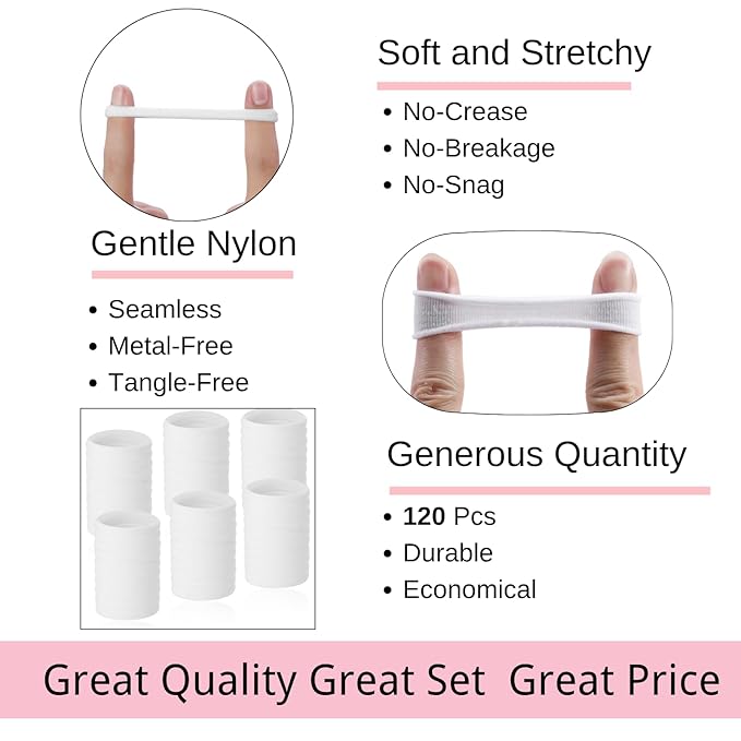 LuSeren 120 Pcs No Damage Hair Ties for Thick Hair, Large Soft Seamless Nylon Hair Elastics for Women, Ponytail Holders Accessories –White