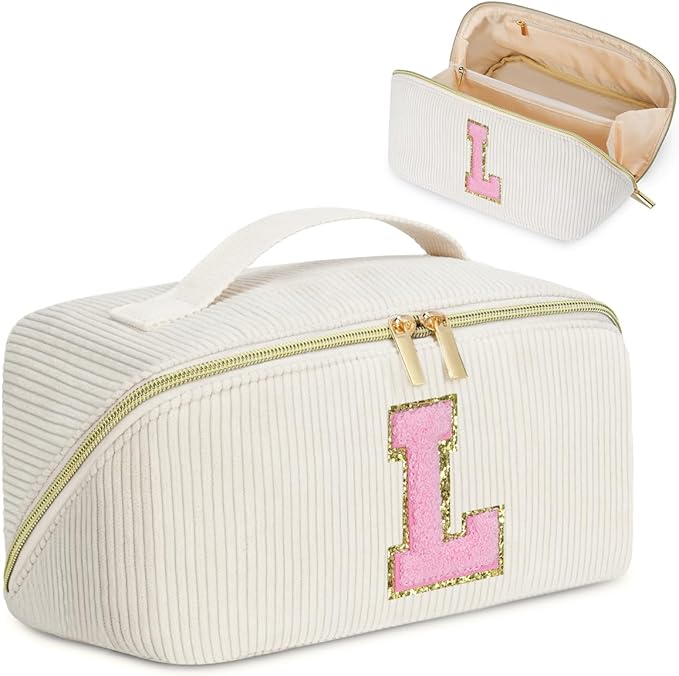 Personalized Initial Makeup Bag, Valentine's Day Gifts for Girls,Preppy Bag Cosmetic Travel Bag Women,Travel Toiletry Organizer,Large Capacity Corduroy Stuff Bag,Cute Cosmetic Pouch Skincare Bag