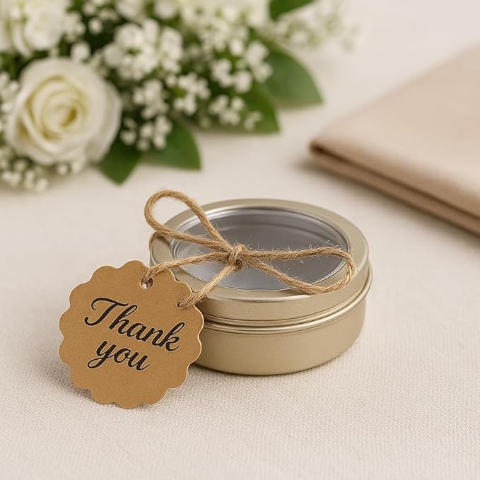 24 Pack 2 Ounce Screw Top Aluminum Tin Jar with Screw Clear Lid and Blank Labels, Refillable 60ml Metal Containers for Lip Balms, Candles, Salves, Spices, Crafts (Champagne)