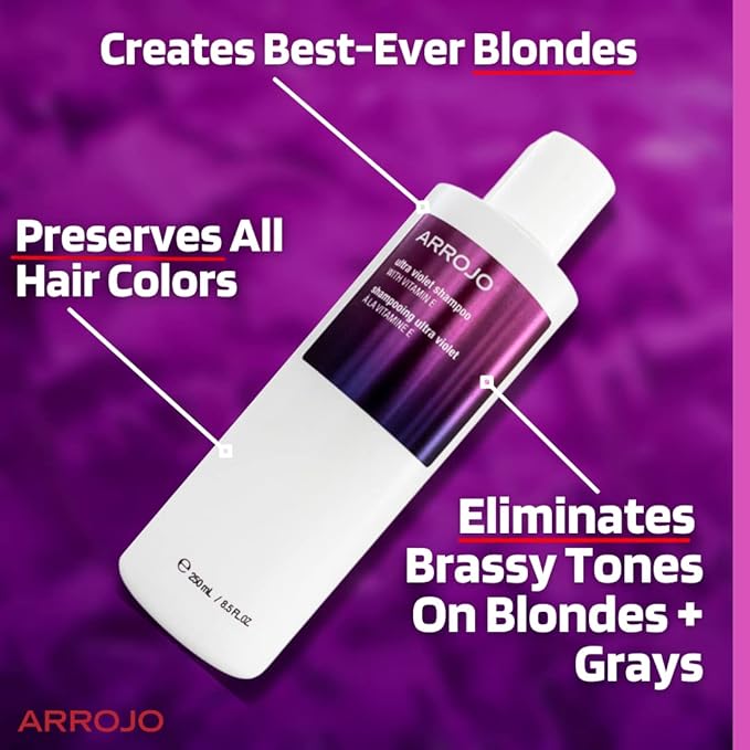 ARROJO Ultra Violet Purple Shampoo (8.5 oz) Hair Shampoo for Color Treated Hair to Eliminate Brassy & Yellow Tones Purple Shampoo for Blonde Hair w/ Vitamin E Paraben and Sulfate Free Shampoo