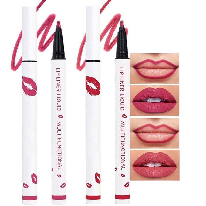 Kaely 2Pcs Rose Pink Longwear Liquid Lip Liner Waterproof, 24 Hour Long Lasting Lip Liner Stain Marker Pen, 2-in-1 Matte Semi Permanent Lipliner & Lipstick, Vegan & Cruelty-Free, 02+04