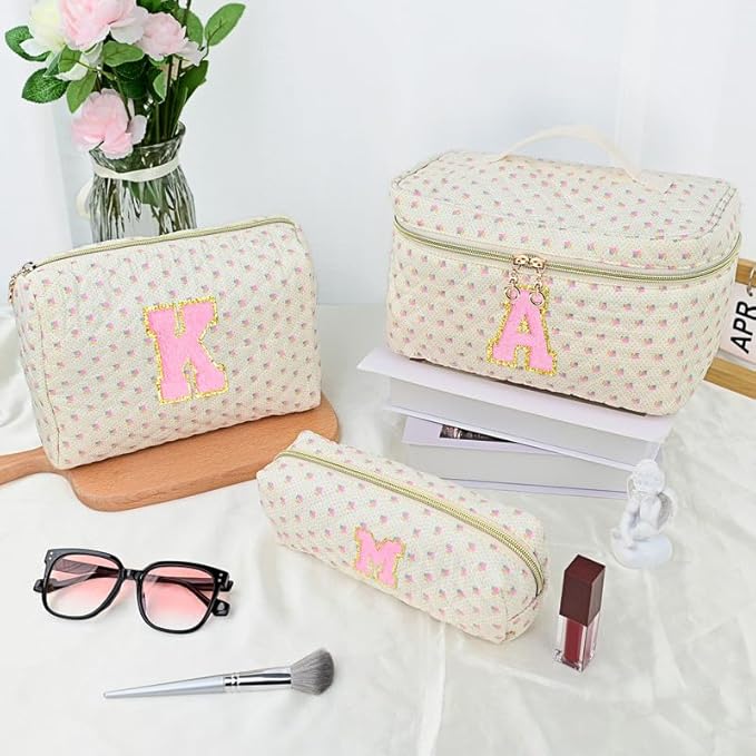 3 PCS Travel Makeup Bag Set, A–Z Initials Cotton Quilted Cosmetic Bag for Women & Preppy, Personalized Toiletry Bag Travel Accessories Makeup Brushes Organizer, Valentine’s Day & Birthday Gift for Her