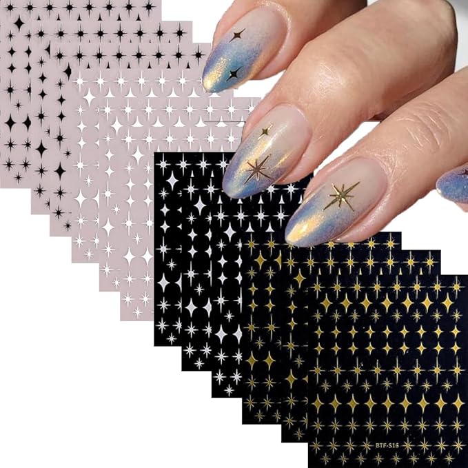 12 Sheets Gold Star Nail Art Stickers Decals 3D Self Adhesive Gold White Black Star Design Nail Art Decal Supplies Accessories for Women Acrylic Manicure DIY Decoration