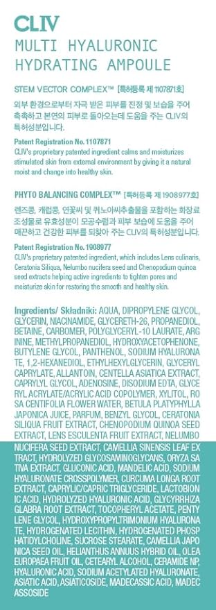 CLIV Multi Hyaluronic Hydrating Ampoule | 85% Hyaluronic Acid, 8-Layer Hydration, Ceramides & Panthenol for Deep Moisture Care | Korean Skincare Nourishing Serum | 1.01 Fl Oz (Pack of 1)
