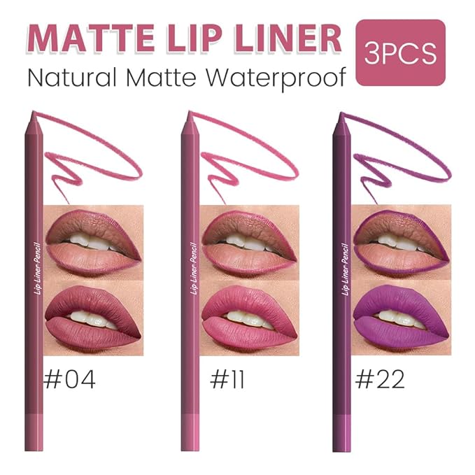 evpct 3Pcs Plum Rose Dark Purple Matte Long Lasting Wear Lip Liner Pencils Makeup Set for Shaping & Sculpting Lips, No Transfer Waterproof Pigmented Lip Liner Crayon lipliners Lipstick Pencil 4+11+22