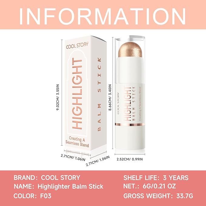 Cool Story 3-in-1 Makeup Set, Highlighter, Blush and Contour Balm Stick, Cream Formula for Face Contouring, Professional Cosmetic Kit (Highlight-F03)
