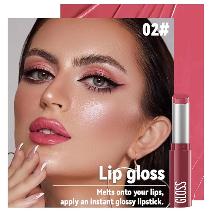 2Pc Butter Lipstick Tinted Lip Balm, Shine Moisturizing Plumper Lipstick for Women, Natural Nourishing Hydrating Lip Gloss Stain for Dry Lips, Lightweight Lip Liner Care Vegan Makeup, 01 & 02