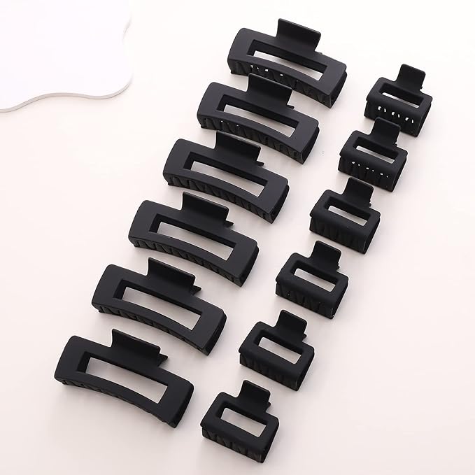 12 Pack Black Square Claw Clips, Big and Small Neutral Rectangle Hair Claw, Non-slip Matte Large Hair Clips for Women,Strong Hold jaw clip for Thick Thin Hair