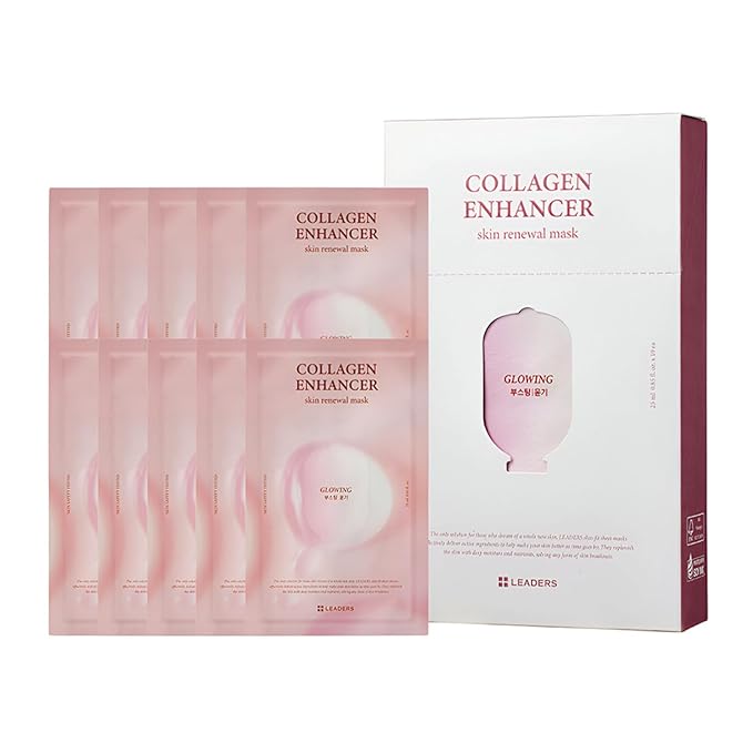 LEADERS Collagen Enhancer Skin Renewal Mask – Boosts Elasticity, Firmness & Hydration for a Plump – Hydrating Face Mask with Hydrolyzed Collagen, Plant Extracts, & Moisture-Rich Formula – 10 Sheets