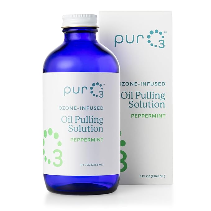 PurO3 Ozonated Oil Pulling Solution - Organic, Ozone Infused Coconut, Sesame, Sunflower, & Peppermint Essential Oils for Teeth & Gums - Fluoride-Free, Non-Toxic & Non-GMO Oral Care, 8 oz