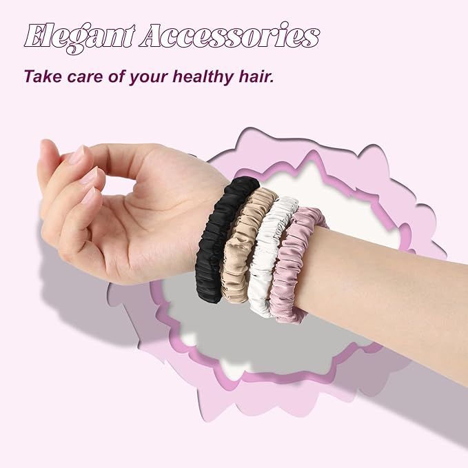 8Pcs 100% Mulberry Silk Scrunchies Hair Care, Skinny Hair Ties Elastic, 22 Momme Mulberry Silk Hair Ties Scrunchies Set Women Curly Thin Hair